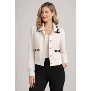 Ellen Tracy White Bouclé Bomber Jacket Black Trim Gold Buttons NWT Size Medium